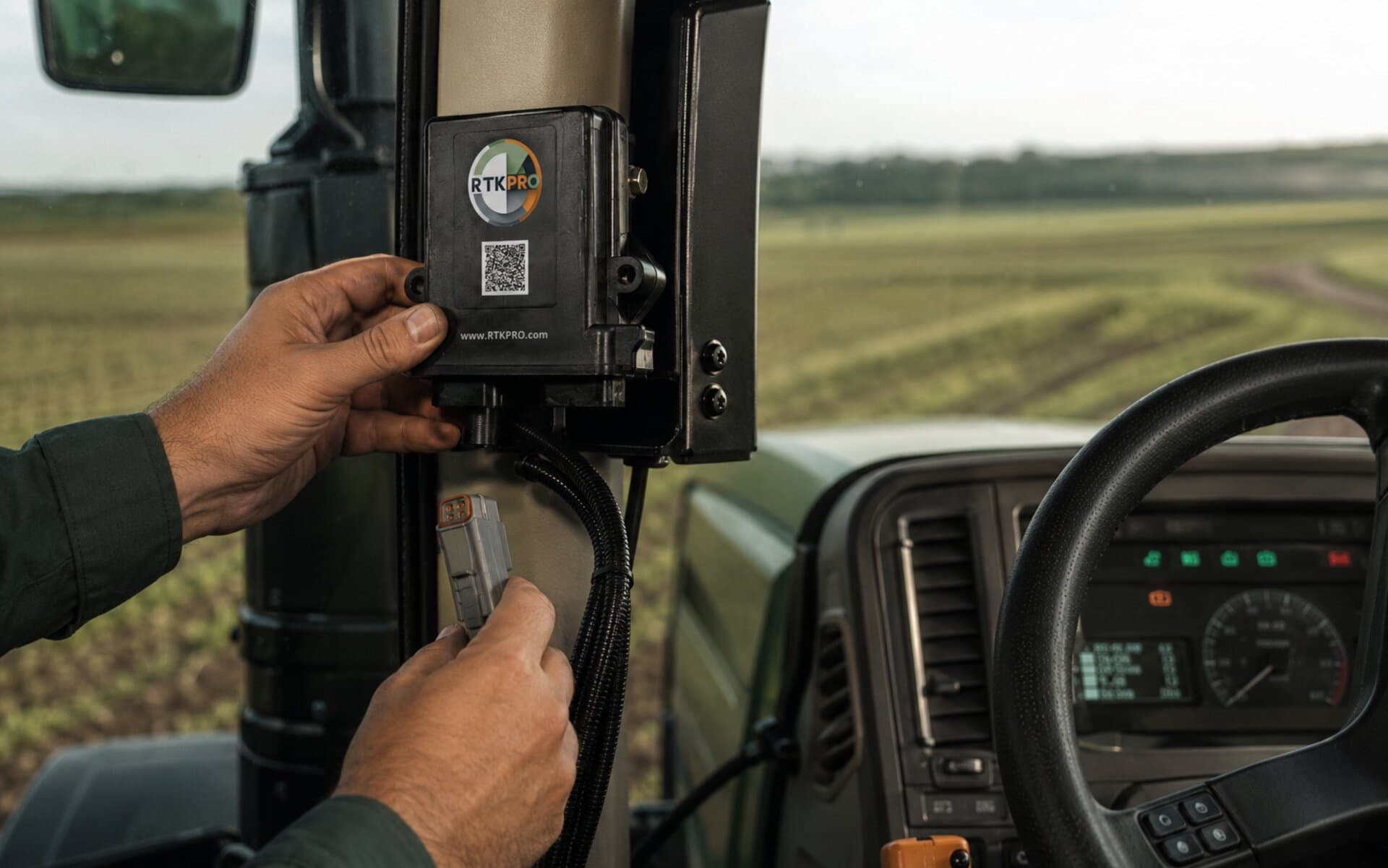 Módulo RTK PRO instalado na cabine do trator
